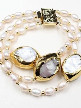 Gold-Tone Triple-Strand Keshi Pearl Bracelet irridescent